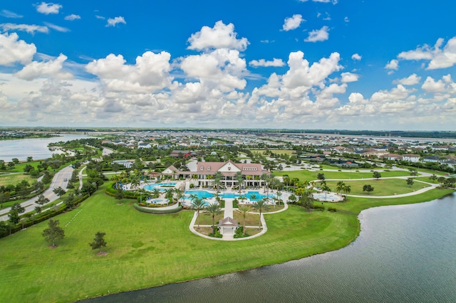 drone / aerial view featuring a water view