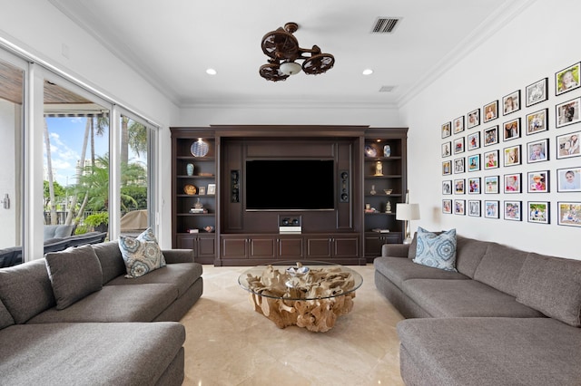 living room featuring ornamental molding