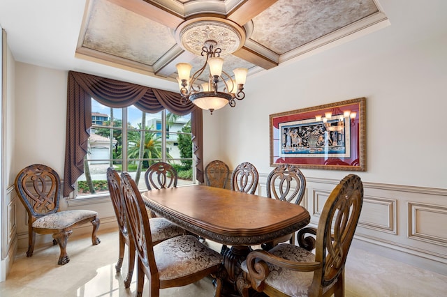 dining area featuring an inviting chandelier and coffered ceiling