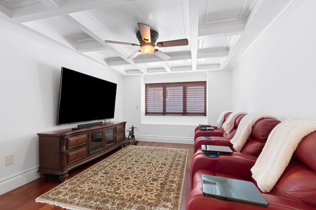 living room featuring ceiling fan, coffered ceiling, beamed ceiling, hardwood / wood-style flooring, and ornamental molding