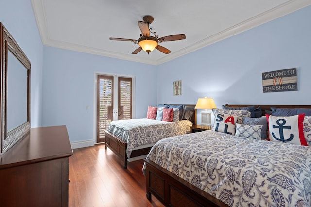 bedroom featuring crown molding, wood-type flooring, access to exterior, and ceiling fan