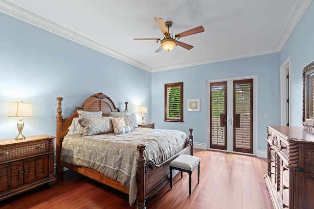 bedroom with access to outside, ceiling fan, wood-type flooring, and ornamental molding