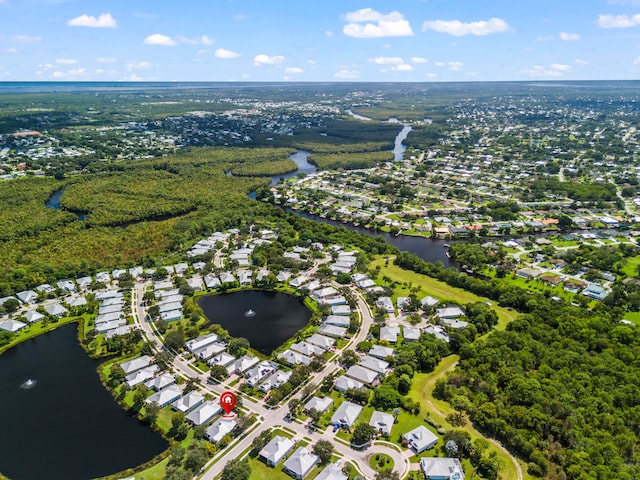 drone / aerial view featuring a water view