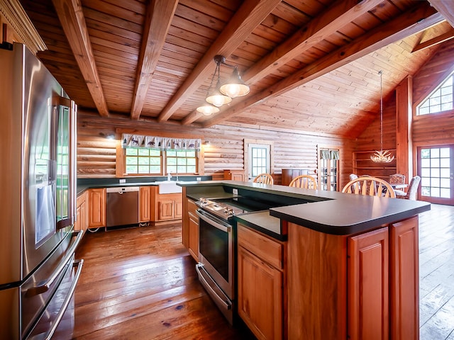 kitchen featuring pendant lighting, a center island with sink, appliances with stainless steel finishes, and plenty of natural light