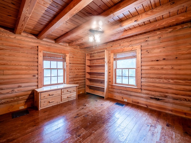 unfurnished bedroom featuring multiple windows, wooden ceiling, and beamed ceiling