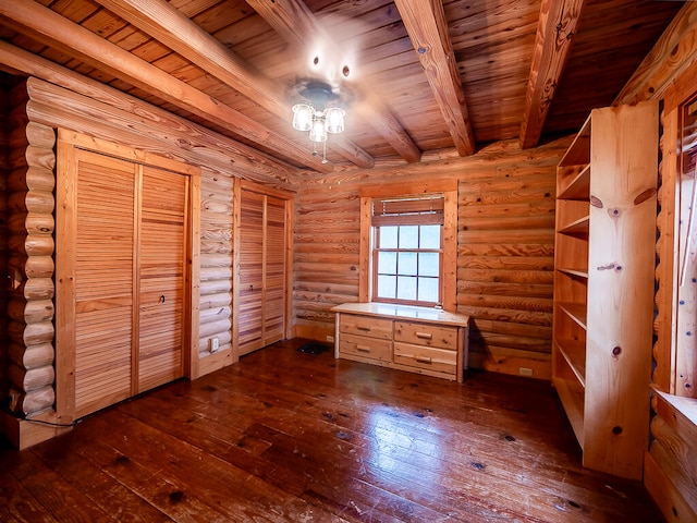 unfurnished bedroom with wood ceiling, dark hardwood / wood-style floors, beam ceiling, and log walls