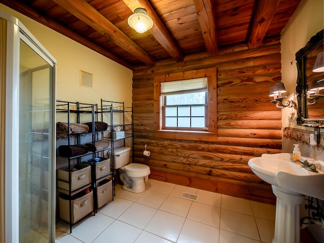 bathroom featuring tile patterned flooring, toilet, wooden ceiling, beam ceiling, and log walls