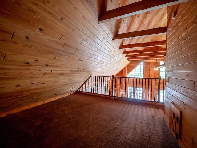 bonus room featuring wood walls, carpet floors, and vaulted ceiling with beams