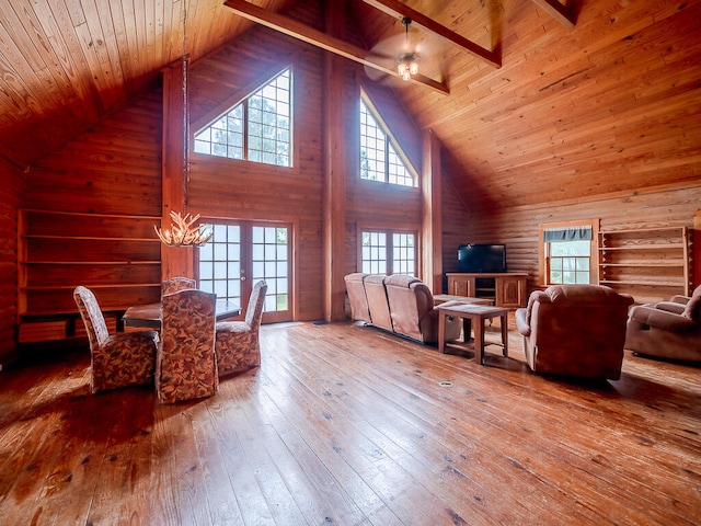 interior space featuring wood walls, beam ceiling, high vaulted ceiling, wooden ceiling, and hardwood / wood-style floors