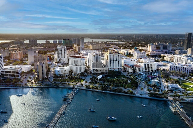 birds eye view of property featuring a water view