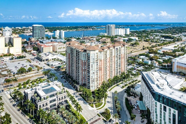 drone / aerial view featuring a water view