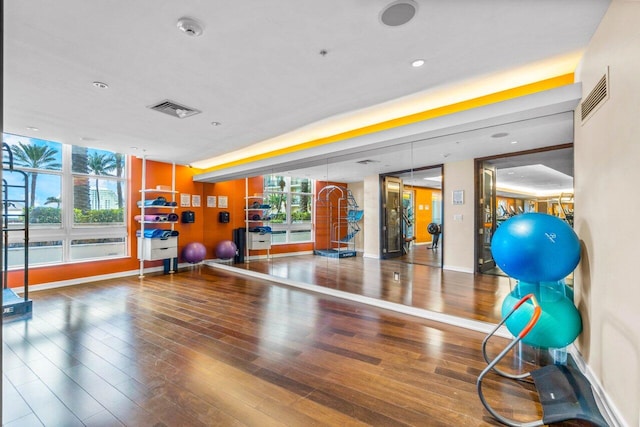 exercise room with hardwood / wood-style floors