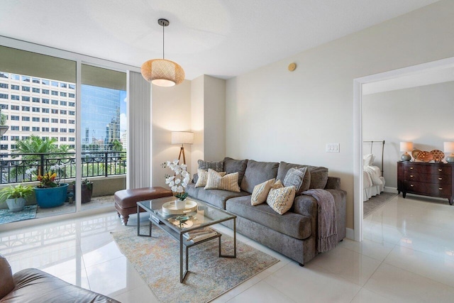 living room with light tile patterned flooring