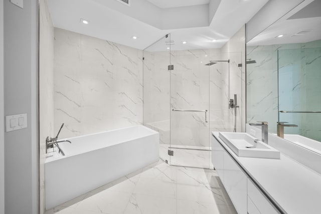 3100 N Ocean Dr Unit H-1508, Singer Island, FL 33404 - full bath featuring a bath, a marble finish shower, vanity, recessed lighting, and marble tiled floors