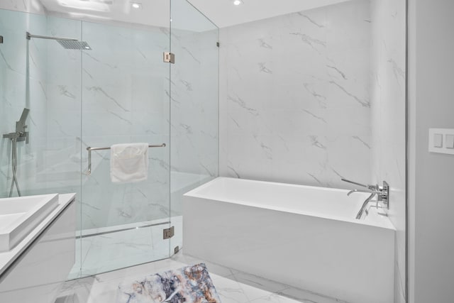 3100 N Ocean Dr Unit H-1508, Singer Island, FL 33404 - full bath featuring a bath, marble finish flooring, a marble finish shower, vanity, and recessed lighting