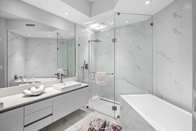 3100 N Ocean Dr Unit H-1508, Singer Island, FL 33404 - full bathroom featuring a freestanding bath, vanity, a marble finish shower, recessed lighting, and marble tiled floors