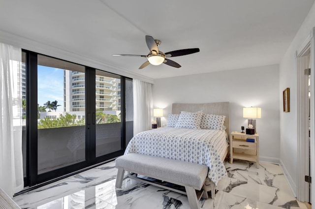 bedroom featuring access to exterior and ceiling fan