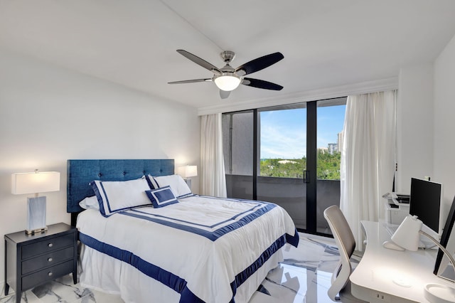 bedroom with access to exterior and ceiling fan