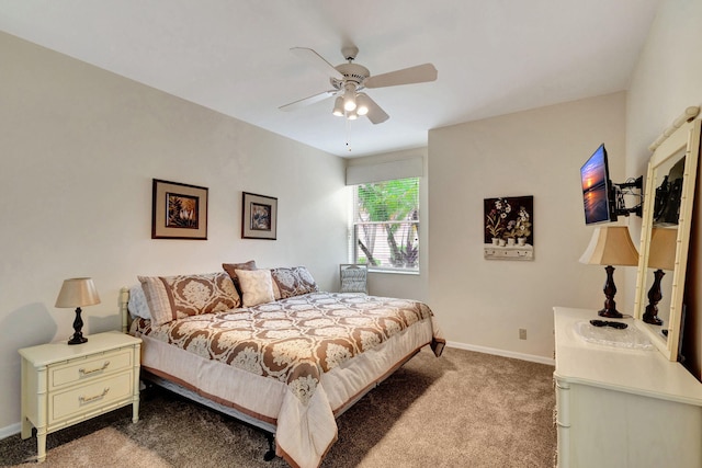 bedroom with light carpet and ceiling fan