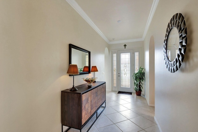 tiled entryway with ornamental molding