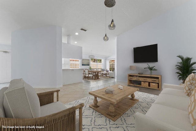 tiled living room featuring lofted ceiling