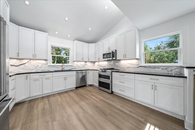 kitchen with a wealth of natural light, white cabinetry, light hardwood / wood-style floors, and appliances with stainless steel finishes