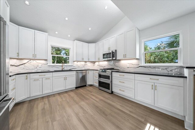 kitchen featuring stainless steel appliances, dark countertops, vaulted ceiling, and a sink