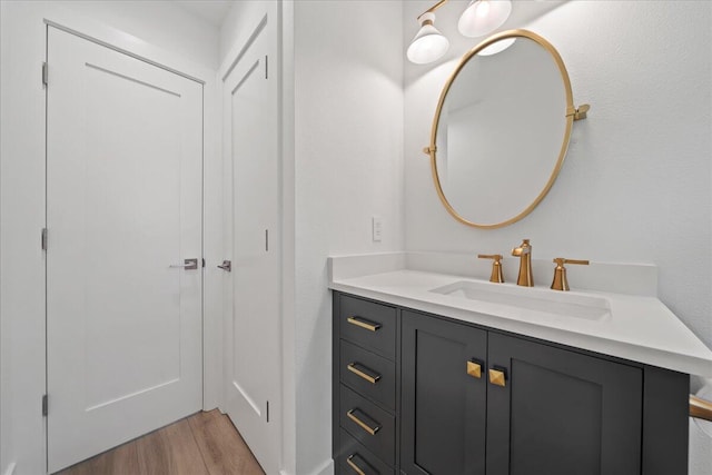 bathroom with hardwood / wood-style flooring and vanity