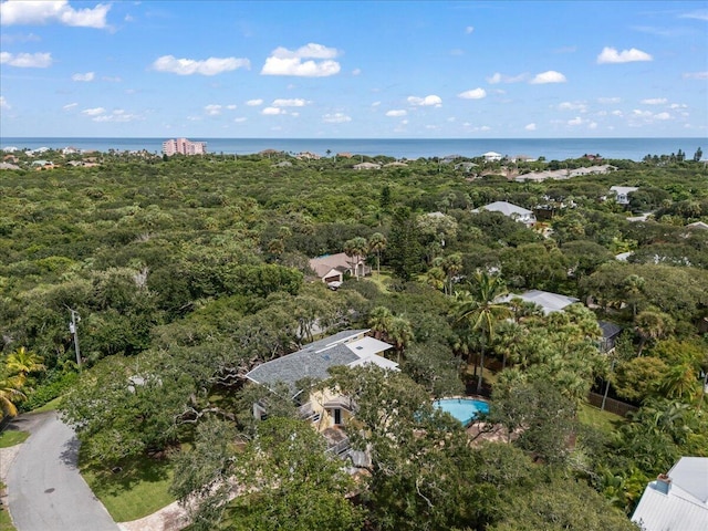 bird's eye view with a water view and a wooded view