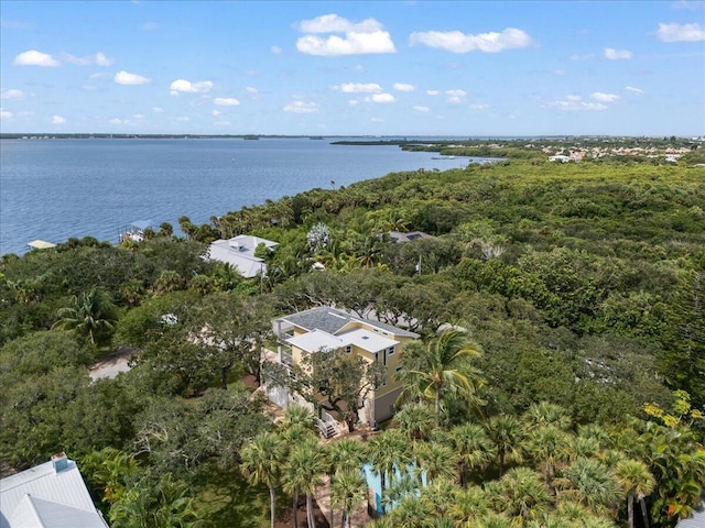 drone / aerial view featuring a water view and a wooded view