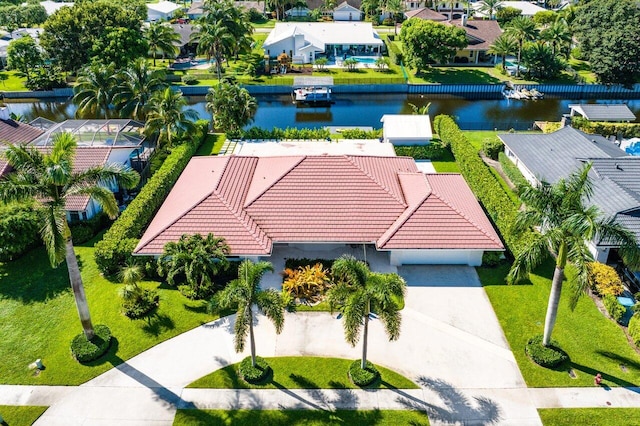 aerial view featuring a water view