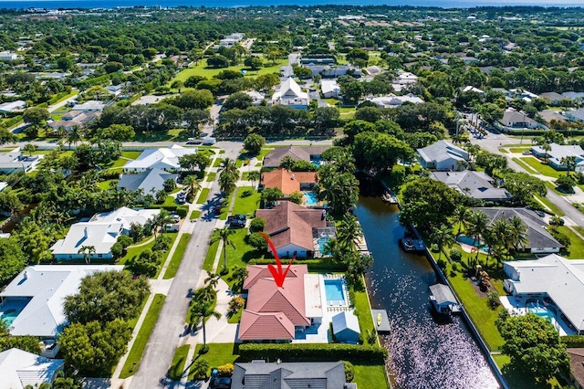 bird's eye view with a water view