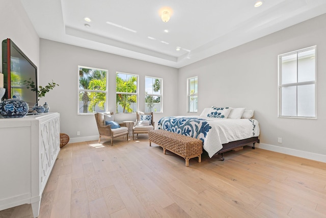 bedroom featuring light hardwood / wood-style floors and a raised ceiling