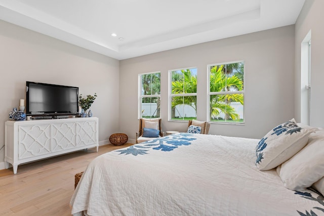 bedroom with a raised ceiling and light hardwood / wood-style flooring