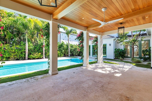 view of pool featuring ceiling fan and a patio