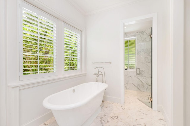 bathroom with crown molding and independent shower and bath