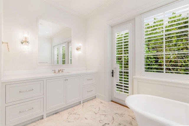 bathroom featuring a washtub, crown molding, and vanity