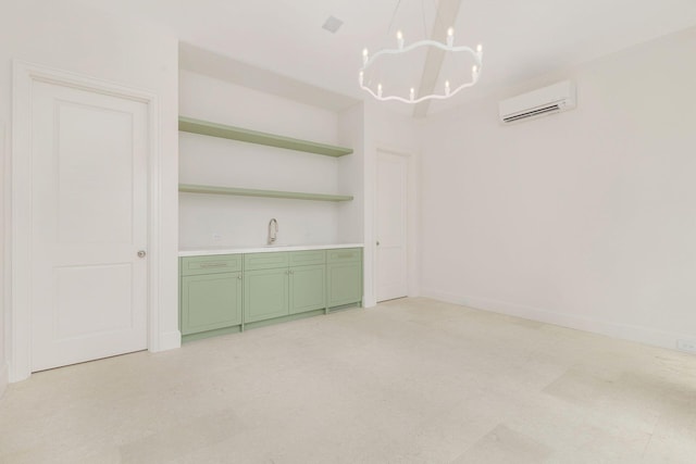 unfurnished dining area featuring a notable chandelier and a wall mounted air conditioner