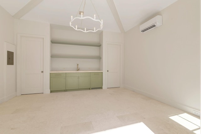 unfurnished dining area with an AC wall unit, built in features, a chandelier, and light carpet