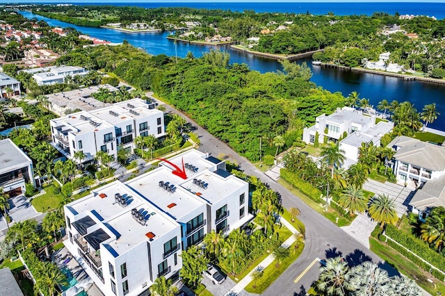 bird's eye view with a water view