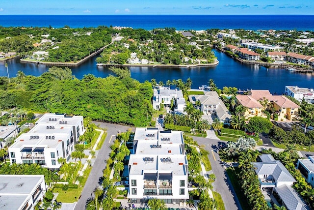 bird's eye view with a water view