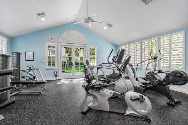 gym featuring ceiling fan, french doors, and vaulted ceiling