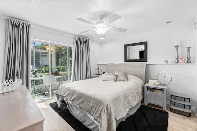 bedroom featuring ceiling fan, access to exterior, and light wood-type flooring