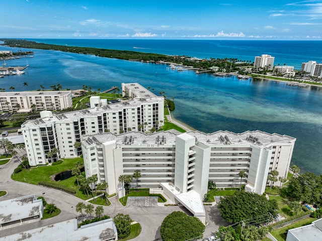 bird's eye view with a water view