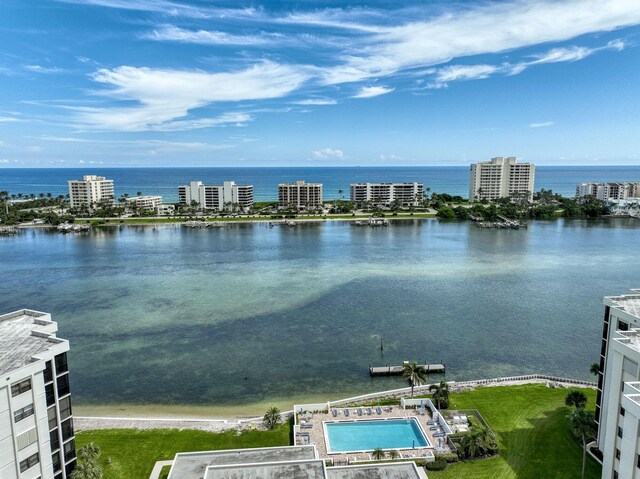 drone / aerial view with a water view