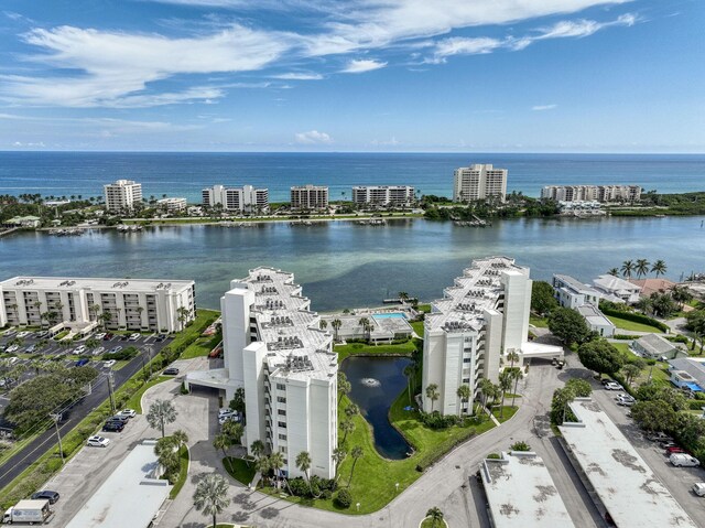 aerial view featuring a water view