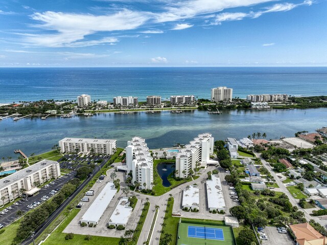 drone / aerial view featuring a water view