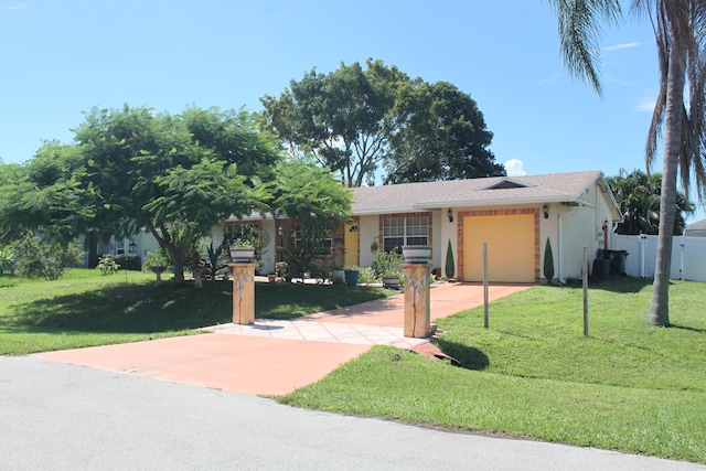 ranch-style house featuring a garage and a front lawn