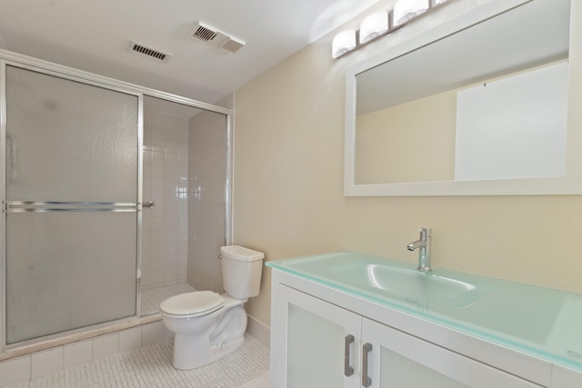 bathroom featuring visible vents, toilet, and a shower stall