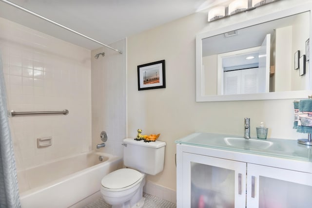 full bathroom with baseboards, toilet, tile patterned floors, vanity, and shower / tub combo with curtain